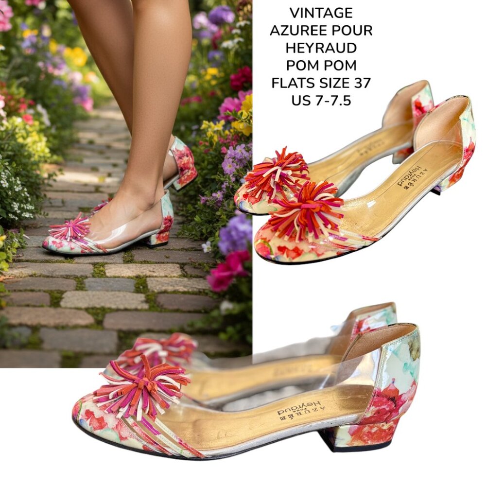 Heyraud Paris Rare Pom Pom  Floral Clear Shoes Ballet Flats sz. 37 US 7-7.5 EUC